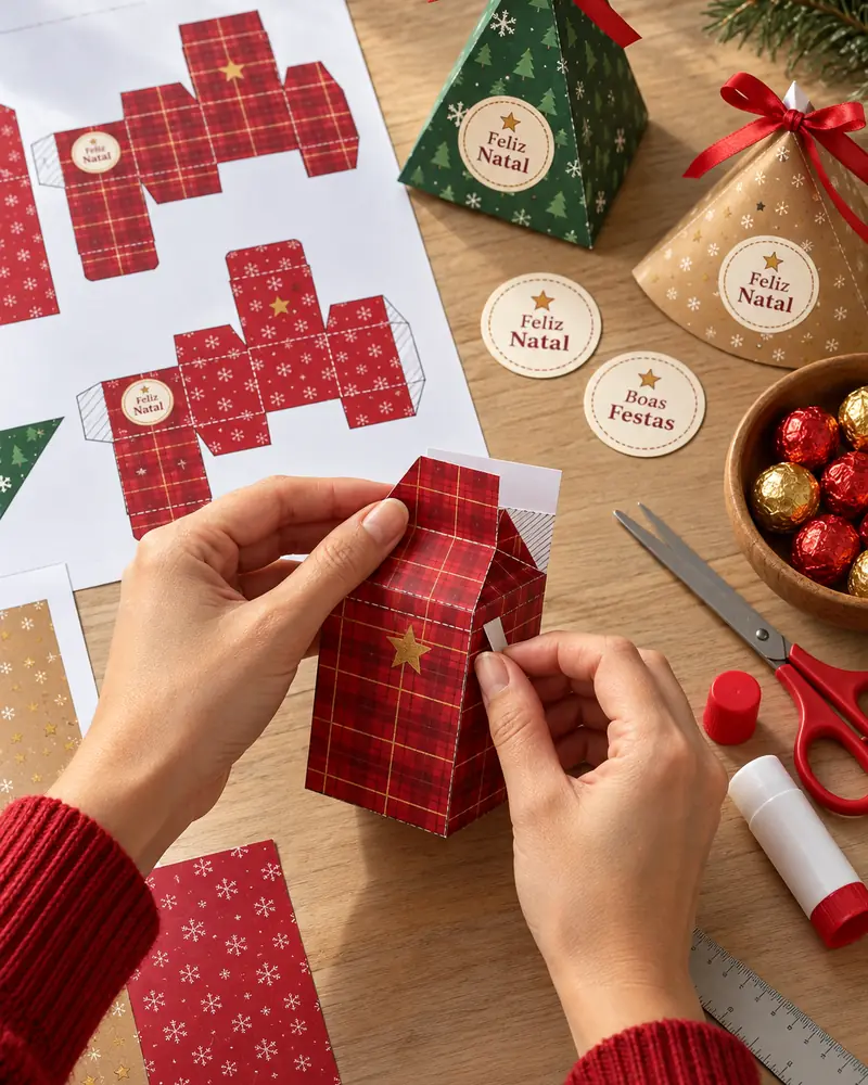 Mãos montando uma caixinha de Natal de papel impressa